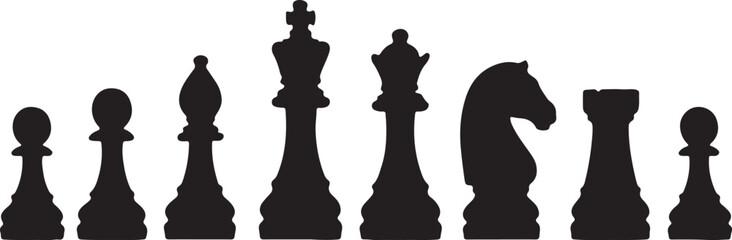 Silhouette of a complete set of chess pieces arranged in a line on a white background