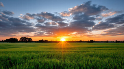 Fototapeta premium Emotional sunlight breaks through sky in poetic scene for content with green field and scattered clouds at sunset