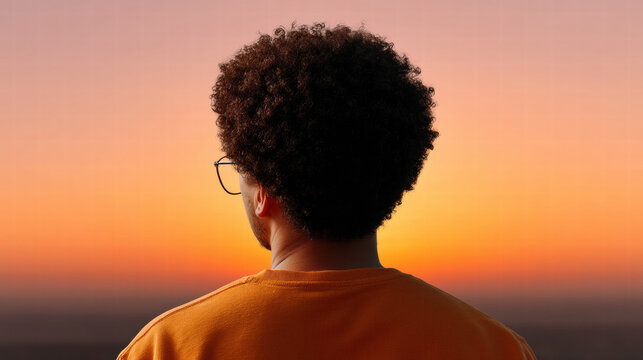Emotional man with curly hair stands in sunlight looking at sky for poetic content during sunset glow