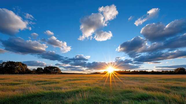Emotional sunlight in sky creates poetic scene for content with clouds and glowing sun over grassy field