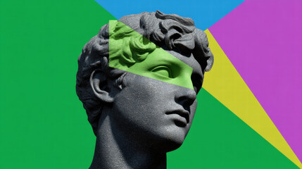 Experimental art in pop style features statue with colorful geometric shapes creating vibrant and modern visual effect