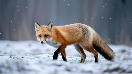 Obraz premium A red fox walking in the snow-covered field on a winter day.