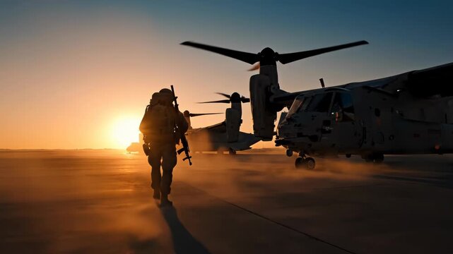 Silhouette of a fully equipped soldier walking towards a military osprey aircraft on a tarmac during a dramatic sunset or sunrise