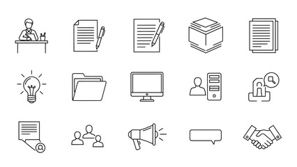 Business office document file folder lightbulb computer server team communication agreement icons vector set, line vector illustration