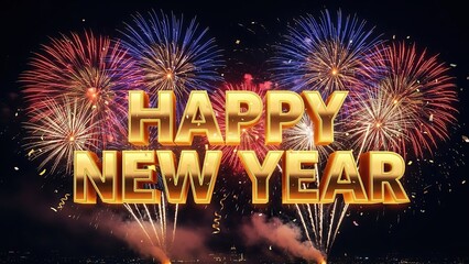 Golden happy new year text with vibrant fireworks display