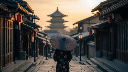 A solitary woman in a traditional kimono holding a parasol is whisked away on a journey through a historic Japanese street at sunrise