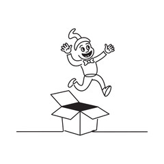 Excited cartoon character leaps out of an open box