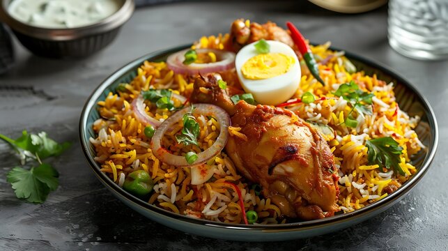 Close up shot of delicious chicken biryani garnished with egg and onion rings served in a bowl