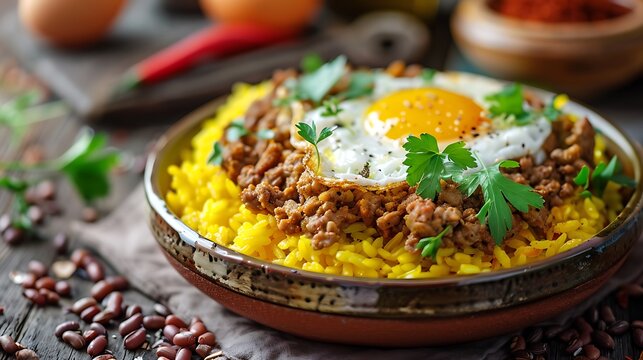 Close up of yellow rice topped with ground meat and fried egg garnished with parsley in a bowl on wood - Powered by Adobe