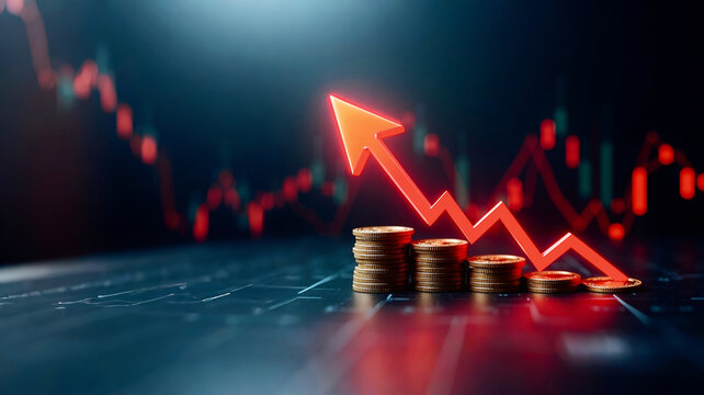 Investment in gold bars, economic growth, profit from securities stocks. save money for investment, growing stock funding exchange chart arrow going up. concept of growing economy. dark background