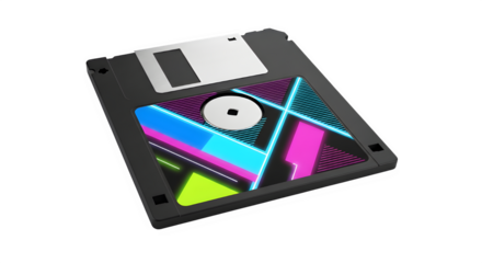 Retro 35 inch floppy disk with vibrant neon geometric pattern isolated on transparent background