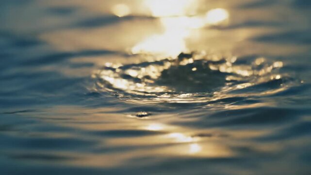 Extreme close-up slow motion shot of bright sunlight reflecting off water surface ripples creating a shimmering abstract blur fluid dynamics, aquatic, calm