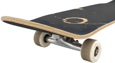 Close up of a worn black skateboard deck and truck isolated on transparent background