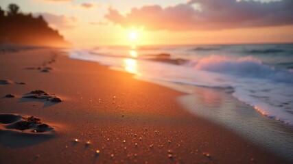 Golden sunset over calm ocean waves gently touching sandy beach in warm tones for relaxation and vacation