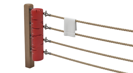 Closeup of a corner post with red padding and towel on boxing ring rope isolated on transparent background