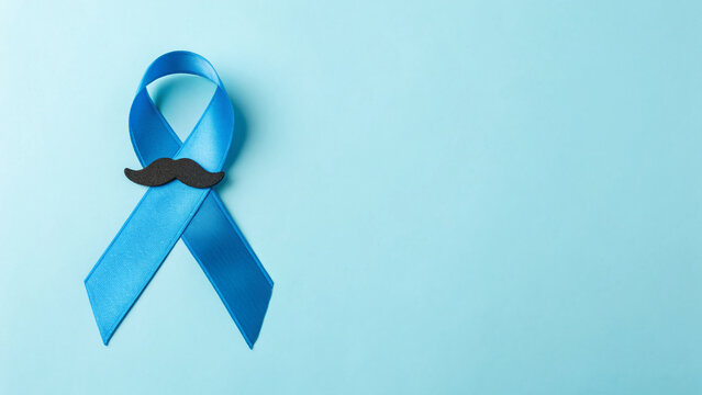 Blue ribbon with a mustache symbol for prostate cancer awareness during health campaign in autumn