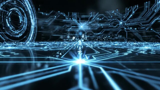 Abstract glowing blue digital circuit board pattern representing technology, data flow, and futuristic cyberspace connection