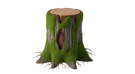 Moss covered tree stump with exposed wood grain isolated on transparent background