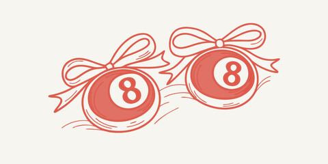 Festive eight ball ornaments with bows hand drawn style illustration