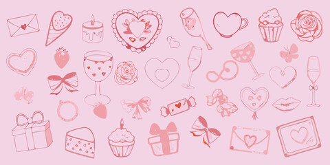Hand drawn valentine s day icons in pink and red