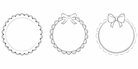 Set of three round frames with scalloped edges and bows line art