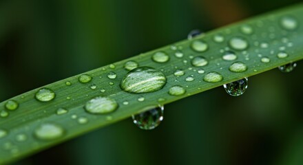 Numerous clear water droplets cling to a vibrant green blade of grass in a close up view