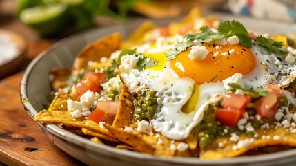 Close up of chilaquiles with fried egg, cheese, cilantro, and tomato in a gray ceramic bowl