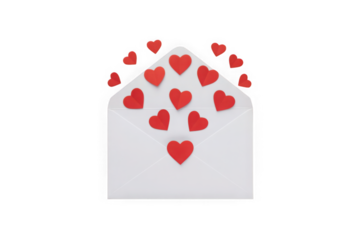 Red hearts burst from white envelope, a vibrant symbol of pure love.