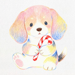 Sweet Pup with Treat: An adorable puppy, colored in pastel hues, sits holding a candy cane, its eyes sparkling with delight, representing the joy and sweetness of the holiday season.