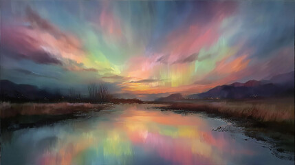 Fototapeta premium A breathtaking display of the aurora borealis mirroring in a serene lake at dusk. The vibrant colors of the sky illuminate the landscape, creating a magical atmosphere