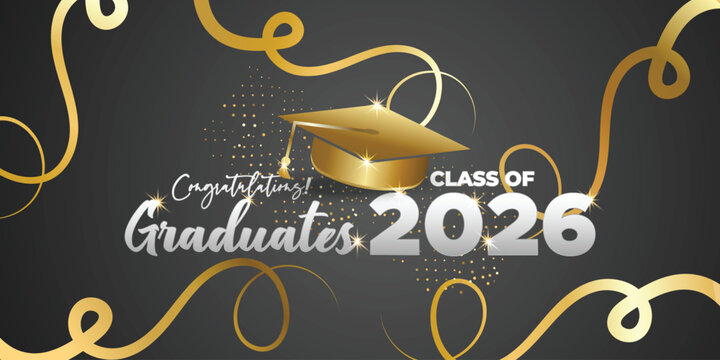 Elegant Gold Class of 2026 Graduation Banner with Ribbons and Cap Elements