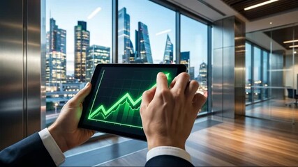 Modern office with city view and tablet displaying growth chart - Powered by Adobe