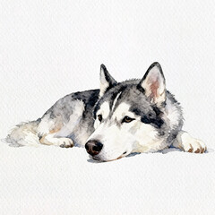 Siberian Husky in Repose: A beautifully rendered watercolor painting portrays a serene Siberian Husky resting. Its captivating blue eyes gaze out, capturing the heart of any dog lover.