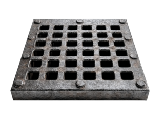 PNG of A heavy-duty metallic manhole cover with a rusted texture and a grid pattern, showcasing rugged industrial design.