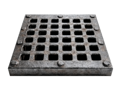 PNG of A heavy-duty metallic manhole cover with a rusted texture and a grid pattern, showcasing rugged industrial design.