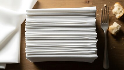 Stack of White Napkins with Fork and Bread Crumbs