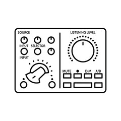 Studio Monitor Controller Line Art Icon - Audio Interface with Input Selection, Volume Knob, Mute, Dim & A/B Switches