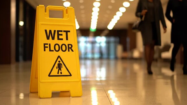 Yellow wet floor caution sign in foreground with two blurred business women walking in a modern office hallway background