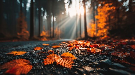 Naklejka premium Winding Forest Road Covered in Fallen Autumn Leaves, Illuminated by Soft Sunlight, Peaceful Travel Scene, Wide Shot of an Asphalt Path Covered by Red and Orange Foliage.