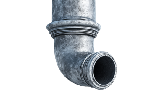 PNG of Metal plumbing pipe with a curved elbow joint, showcasing a weathered texture and metallic finish.