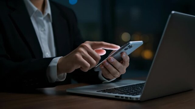 Business professional engages with smartphone and laptop in modern office setting. technology and productivity merge seamlessly in a dynamic work environment.