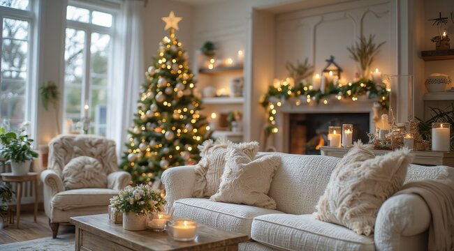 A cozy Christmas living room with decorative trees, candles, gifts and festive pillows on a textured white sofa