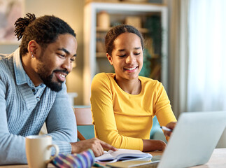 Father and daughter doing homework with laptop at home. Father and teenage girl happy using laptop. Teen girl and dad sitting at home working with notebook