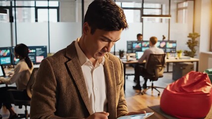 Focused businessman in modern office using tablet while diverse team works on computer data analysis in background - Powered by Adobe