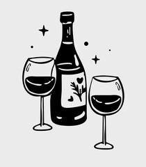 Whimsical Wine Bottle and Glasses Doodle Set. Cute Celebration and Romantic Drinkware Icon. Outline Hand-Drawn Vector Illustration