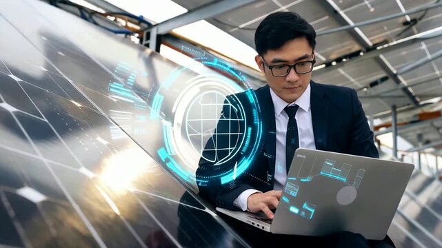 Solar Energy Engineer Working on Laptop Analyzing Data.