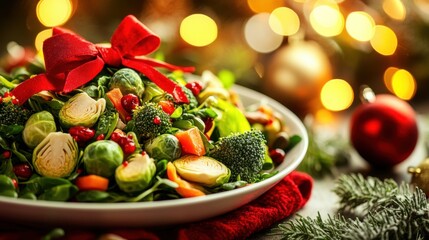 Fresh green salad on plate with red bow, festive Christmas background, Veganuary holiday theme with vibrant seasonal greens and cheerful plant based diet