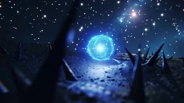Glowing blue sphere rests on a dark, spiky surface, surrounded by shimmering stars, as the camera smoothly zooms in, enhancing the mystical atmosphere and visual intrigue