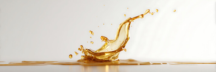 Dynamic liquid splash of amber colored fluid like oil whiskey or apple juice isolated against a clean white background with droplets flying.