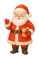 Fototapeta premium Adorable watercolor santa claus man with beard holding gift box. Character on transparent background for Christmas design. Holiday season mascot clip art.